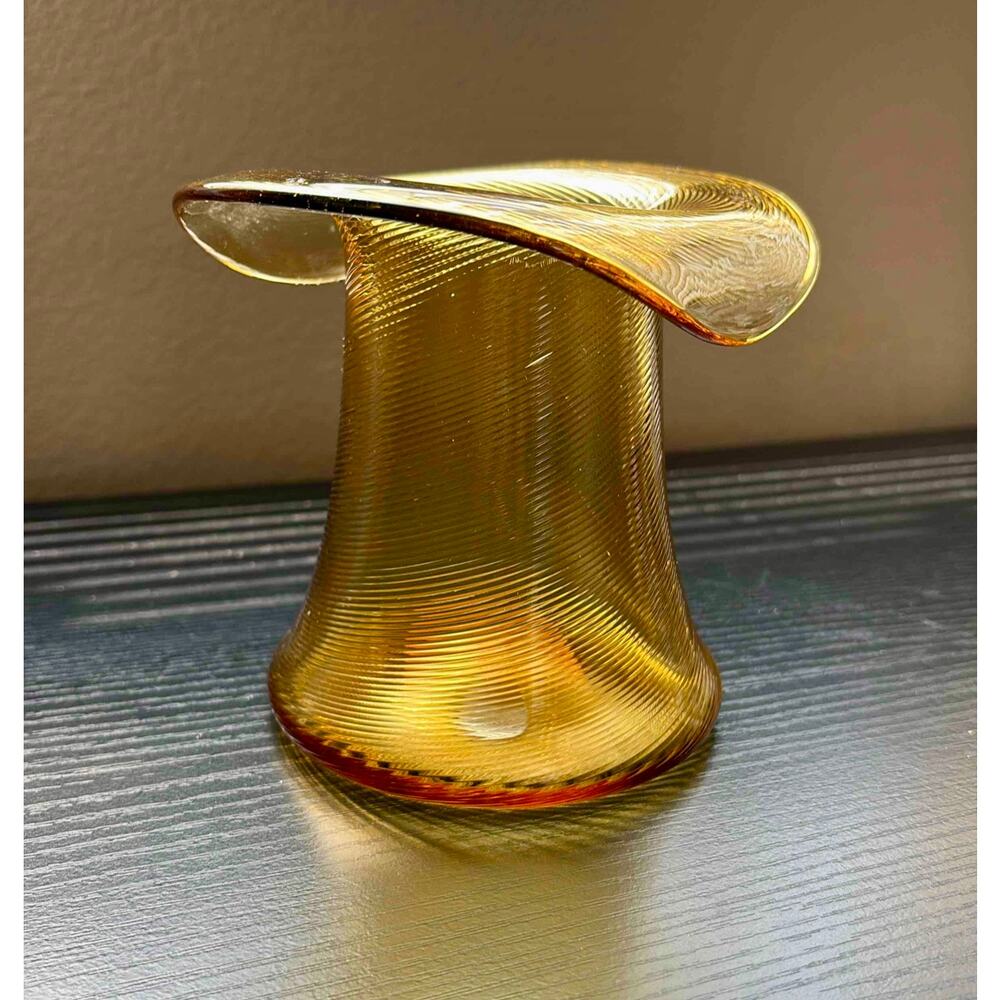 Vintage Amber Glass Hat Vase Hand Blown w/ Pontil Mark Spiral Pattern MCM Ribbed